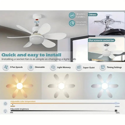 🎁 Ventilador de techo portátil 2 en 1 con luz (incluye control remoto)