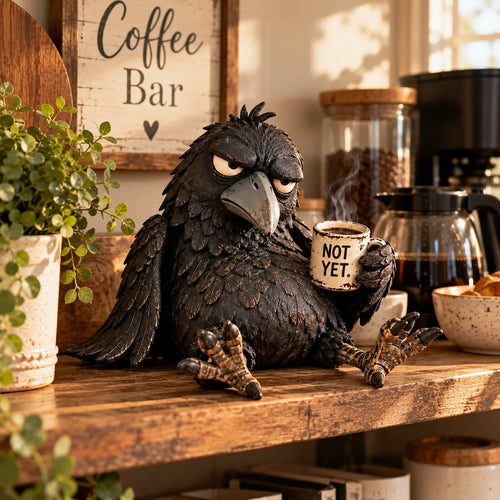 🐦‍⬛☕️Grumpy Coffee Raven Figurine – “Not Yet” Funny Morning Decor✨