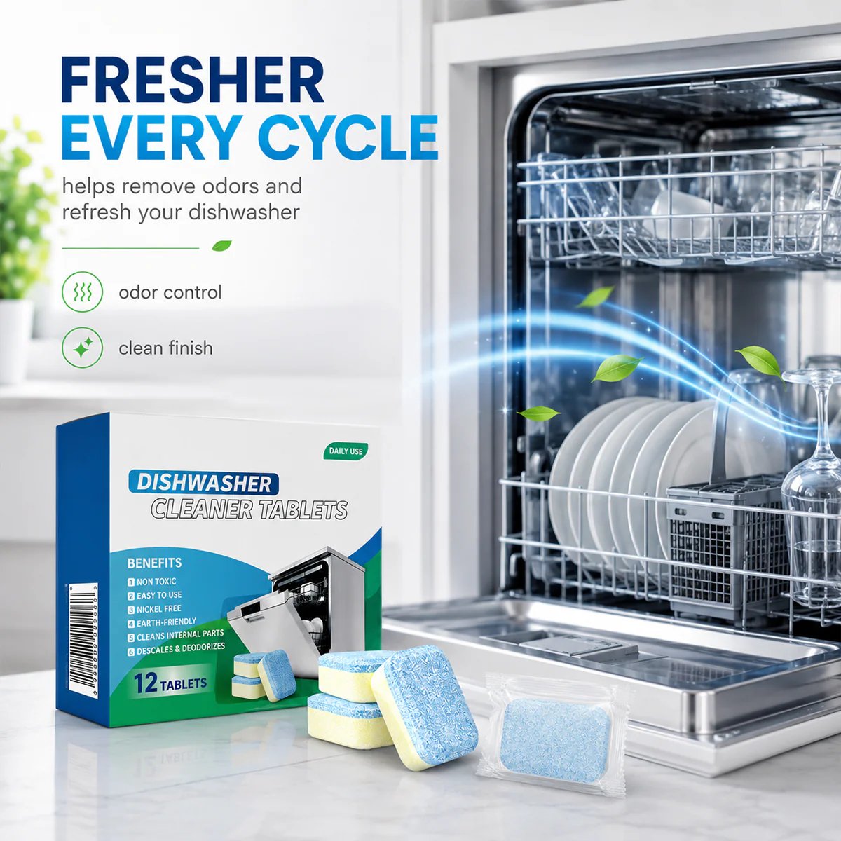 Dishwasher Cleaner Tablets 12-Pack – Descaling & Deodorizing Pods for Limescale, Calcium Buildup & Odor Control