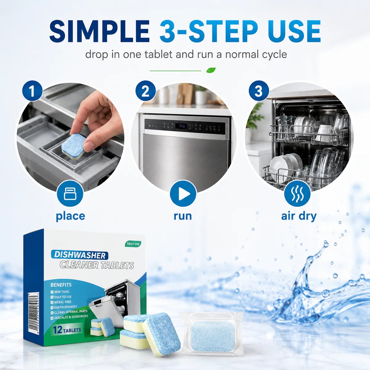 Dishwasher Cleaner Tablets 12-Pack – Descaling & Deodorizing Pods for Limescale, Calcium Buildup & Odor Control