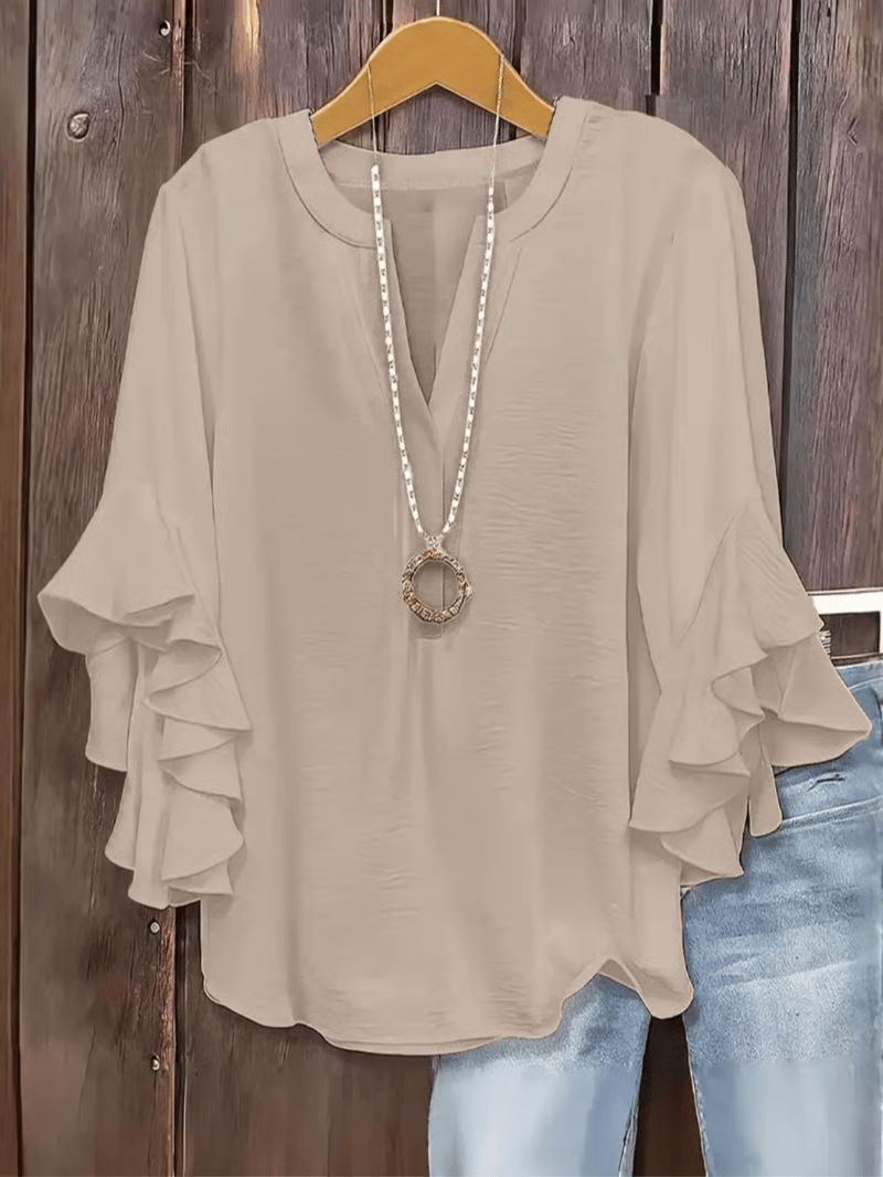 🔥Camisa de manga con volantes y cuello en V para mujer de talla grande, elegante diseño floral, cómoda y con estilo, perfecta para uso casual