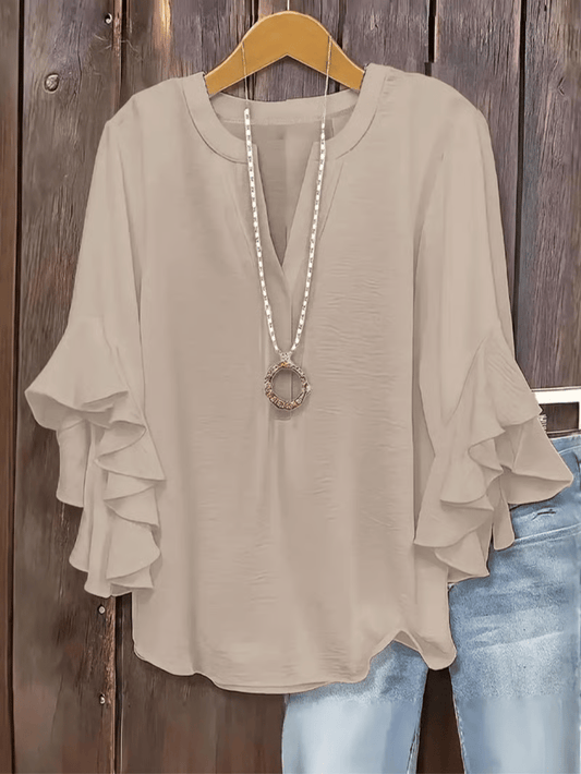 🔥Camisa de manga con volantes y cuello en V para mujer de talla grande, elegante diseño floral, cómoda y con estilo, perfecta para uso casual