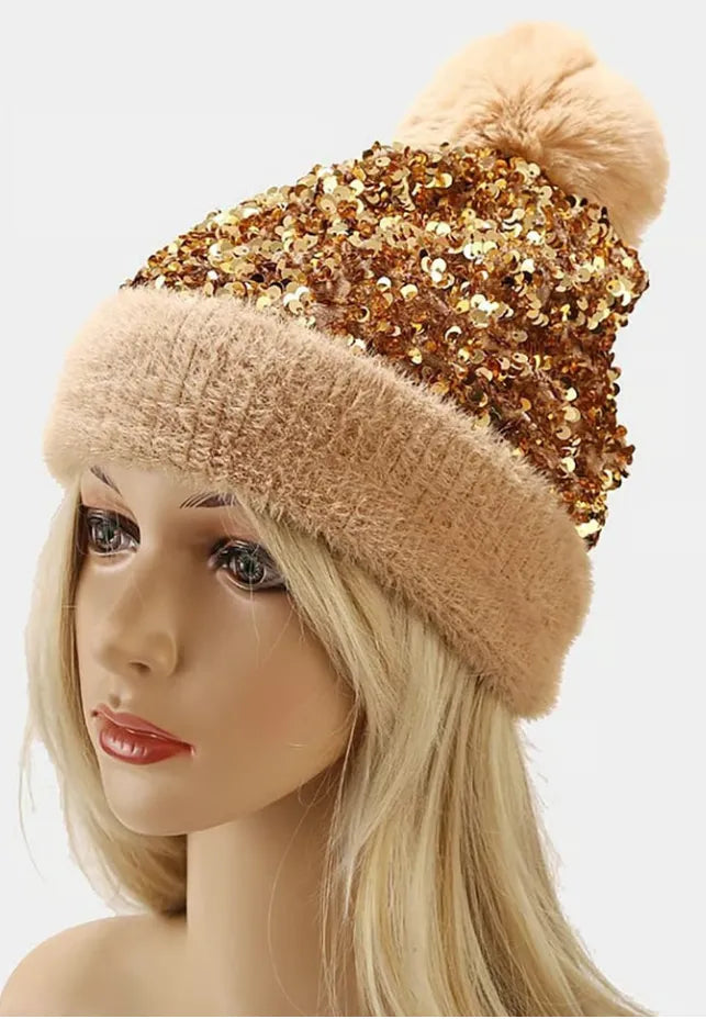 Sequin Fur Pom Beanie