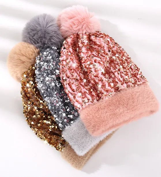 Sequin Fur Pom Beanie