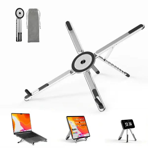 Adjustable Aluminum Laptop Stand with Integrated Magnetic Phone Holder | Portable & Foldable Desktop Riser for Laptops and Tablets