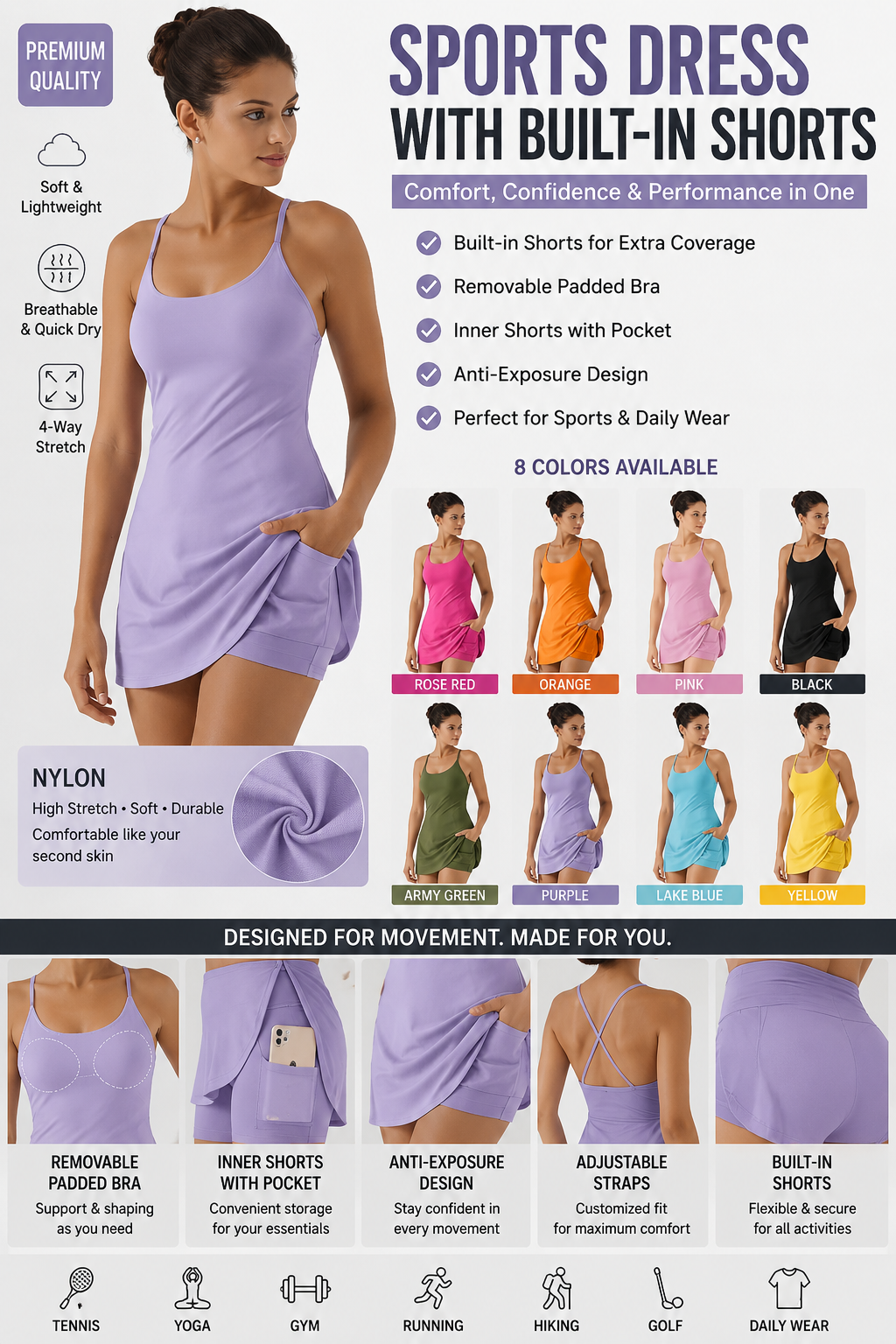 Vestido de tenis atlético de tirantes finos para mujer con pantalón corto incorporado