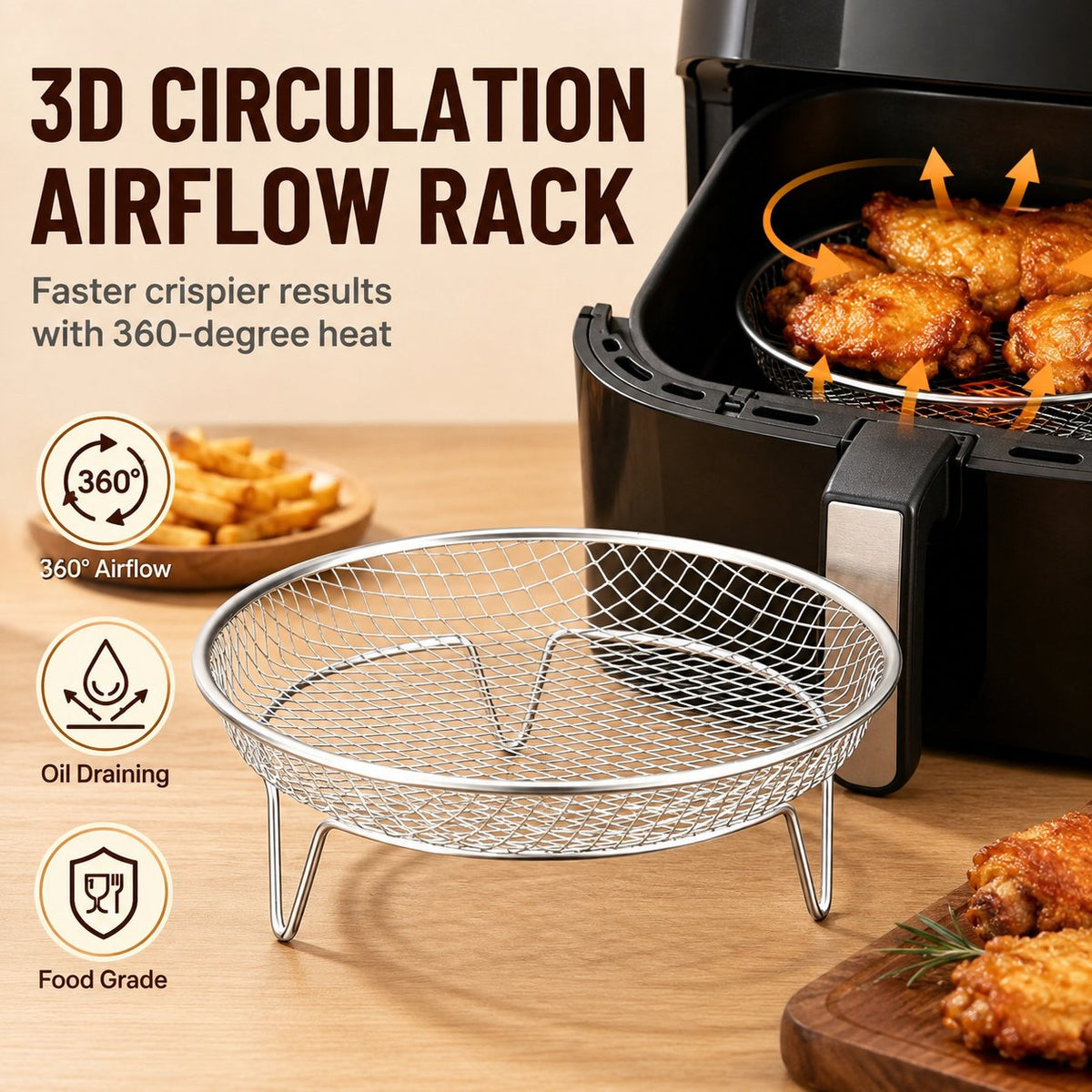✨Buy 1 Get 1 Free - Stainless Steel Air Fryer Rack Elevated Oil Draining Basket Multi-Tier Grilling Mesh Stand