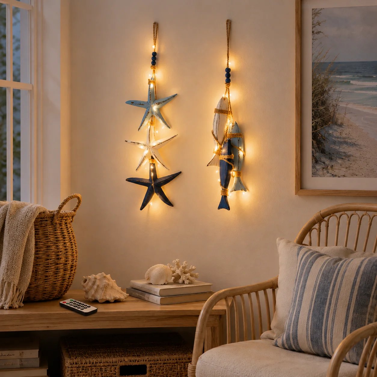 ⭐2026 OFERTA ESPECIAL🐟🌊Decoración Colgante de Estrella de Mar y Pez de Madera Iluminada Estilo Costero
