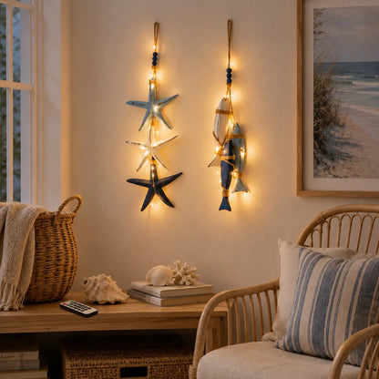 ⭐2026 OFERTA ESPECIAL🐟🌊Decoración Colgante de Estrella de Mar y Pez de Madera Iluminada Estilo Costero