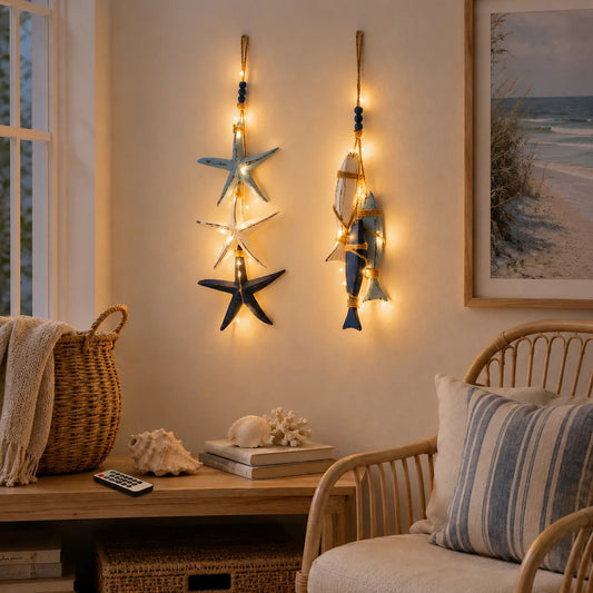 ⭐2026 OFERTA ESPECIAL🐟🌊Decoración Colgante de Estrella de Mar y Pez de Madera Iluminada Estilo Costero