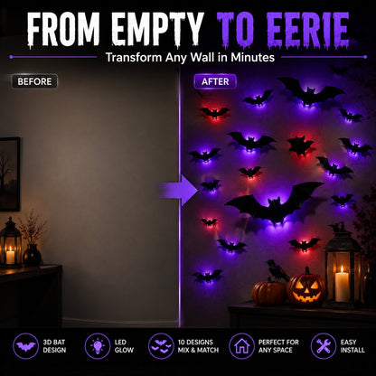 3D LED Glowing Bat Wall Decorations – Halloween Flying Bat Swarm Set