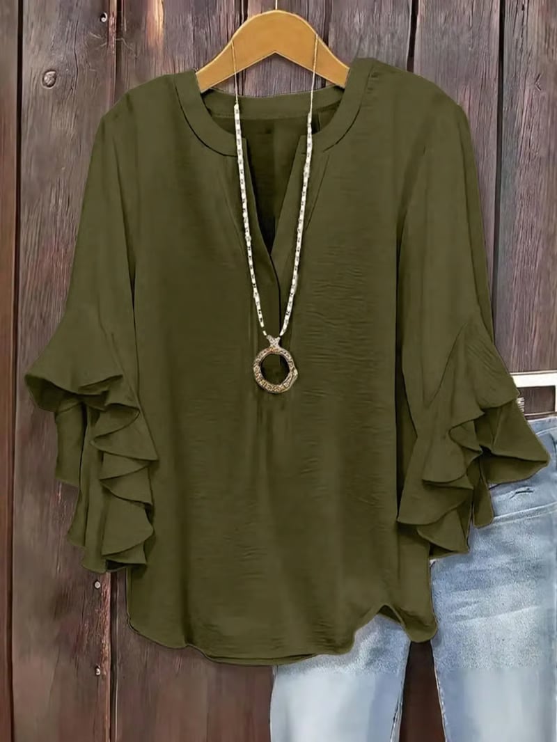 🔥Camisa de manga con volantes y cuello en V para mujer de talla grande, elegante diseño floral, cómoda y con estilo, perfecta para uso casual