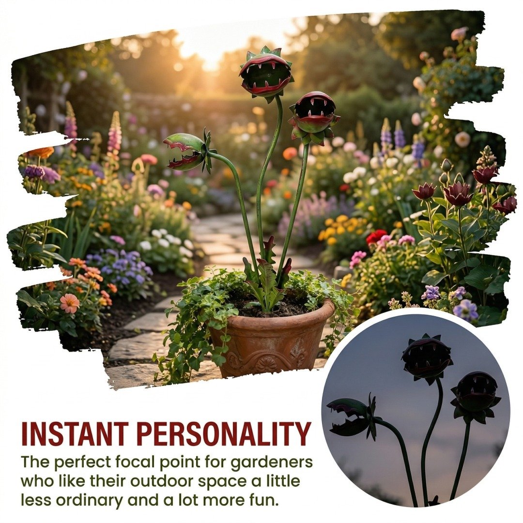 Whimsical Metal Venus Flytrap Garden Stake – Handcrafted Outdoor Carnivorous Plant Decor – Unique Gardening Gift