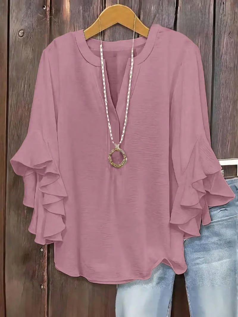 🔥Camisa de manga con volantes y cuello en V para mujer de talla grande, elegante diseño floral, cómoda y con estilo, perfecta para uso casual