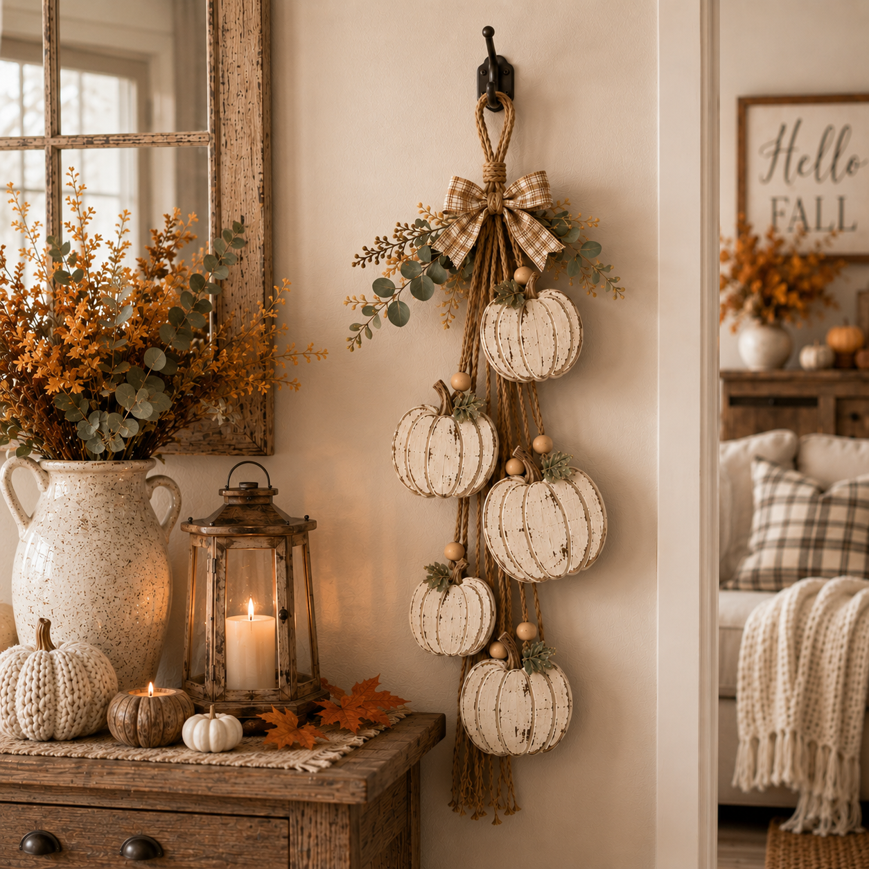 Rustic White Pumpkin Hanging Swag – Fall Door & Wall Decoration for Farmhouse Autumn Decor