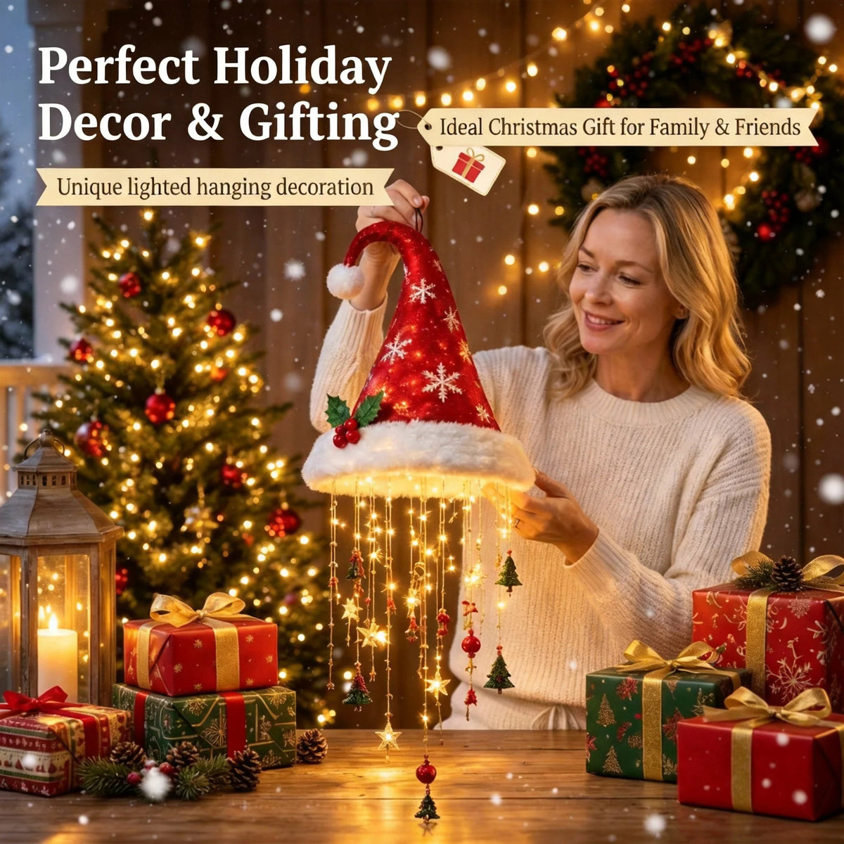🎅✨Light‐Up Santa Hat Hanging Chandelier Decoration