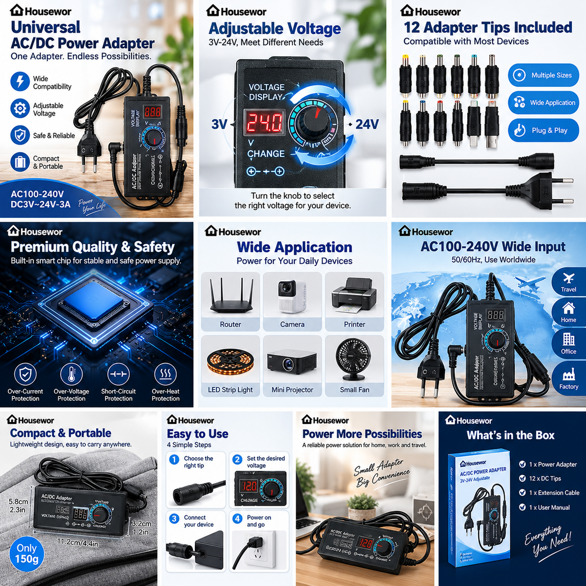 Adjustable 3V-24V 3A Universal AC/DC Power Adapter
