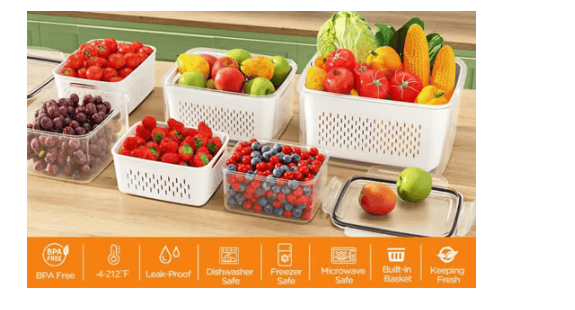 🔥Caja de almacenamiento de alimentos de plástico transparente para el hogar-Incluye cesta de drenaje💧