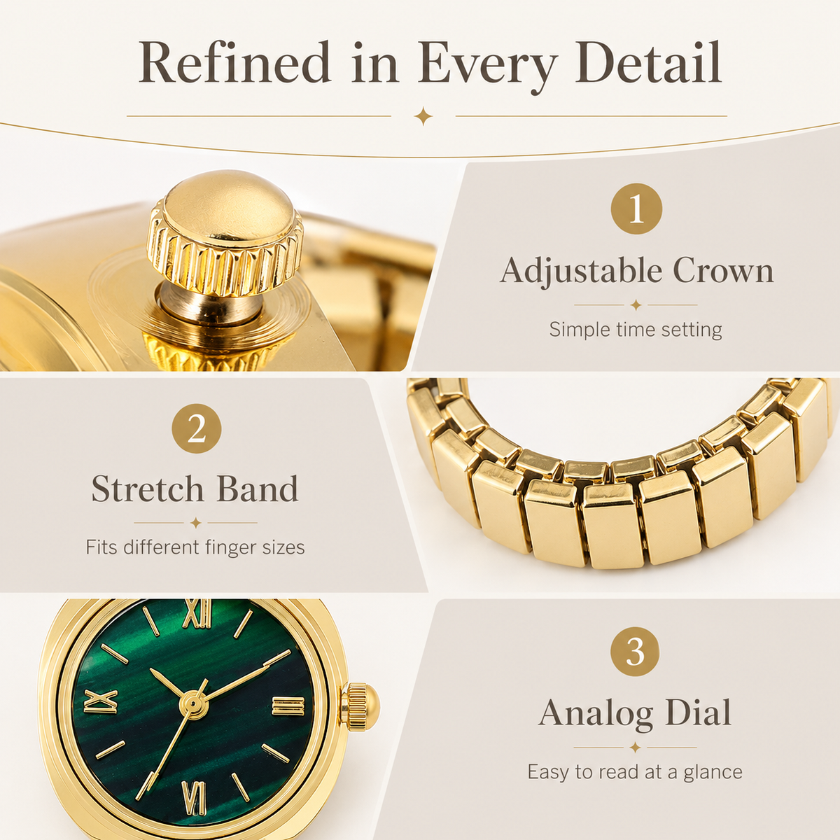 Vintage Gold-Tone Ring Watch – Green Roman Numeral Dial for Men & Women