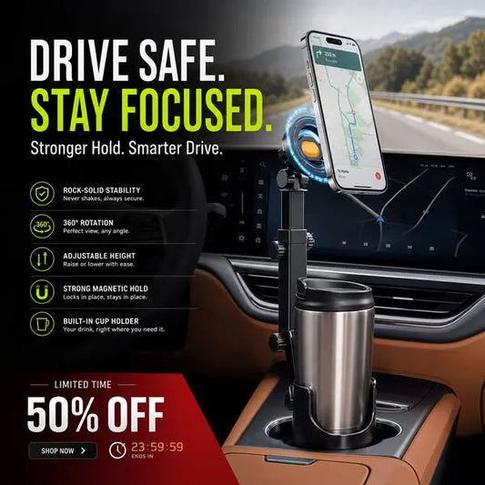 ⭐Novedad 2026💥OFERTA ESPECIAL🥳🧲Soporte para teléfono móvil para portavasos de coche – Ajustable 360°, potente imán N52, manejo con una mano, compatible con todos los teléfonos, modelos estables magnéticos y con abrazadera para una conducción segura