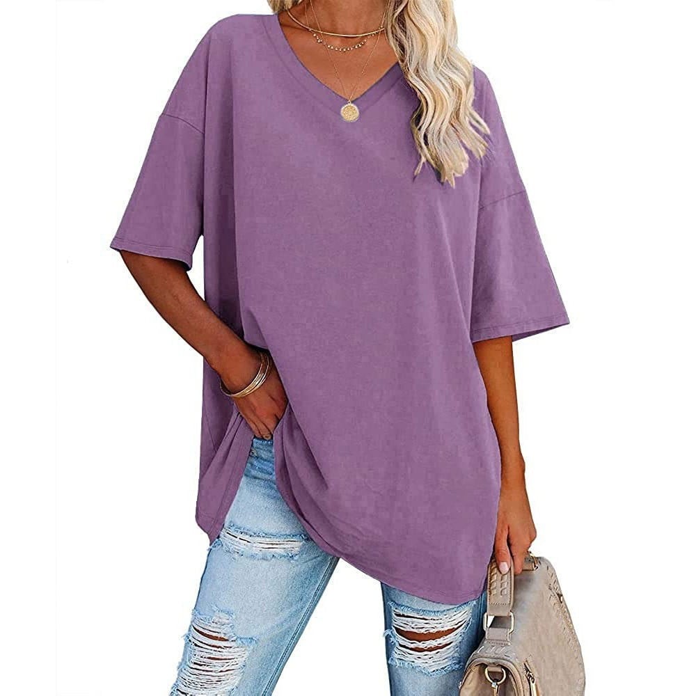 👚 Camisetas de manga corta de algodón de talla grande con cuello en V para mujer, corte holgado informal, tops tipo túnica 💖