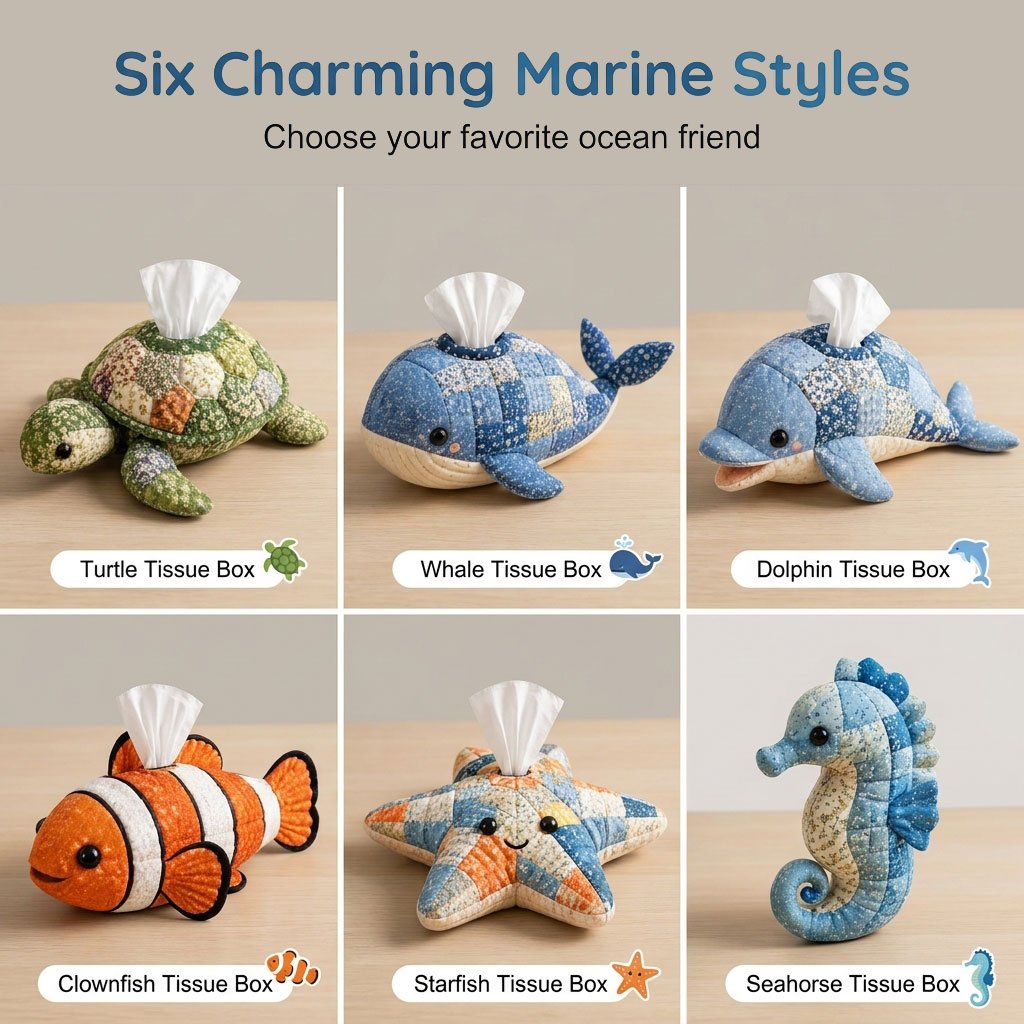 🧵 Kit de costura de caja de pañuelos con animales marinos DIY – ¡Divertidos amigos animales y oceánicos! 🌟