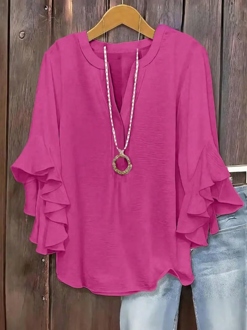 🔥Camisa de manga con volantes y cuello en V para mujer de talla grande, elegante diseño floral, cómoda y con estilo, perfecta para uso casual