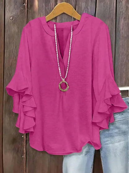 🔥Camisa de manga con volantes y cuello en V para mujer de talla grande, elegante diseño floral, cómoda y con estilo, perfecta para uso casual