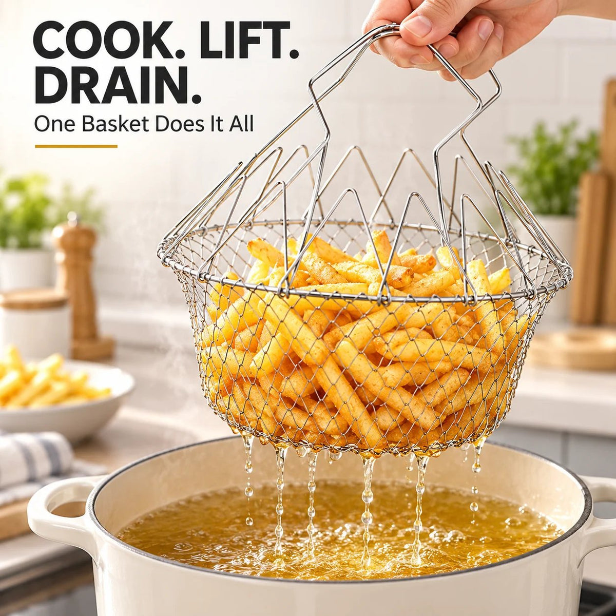 🔥Hot Sale 50% OFF – Foldable Stainless Steel Frying Basket & Colander ✨
