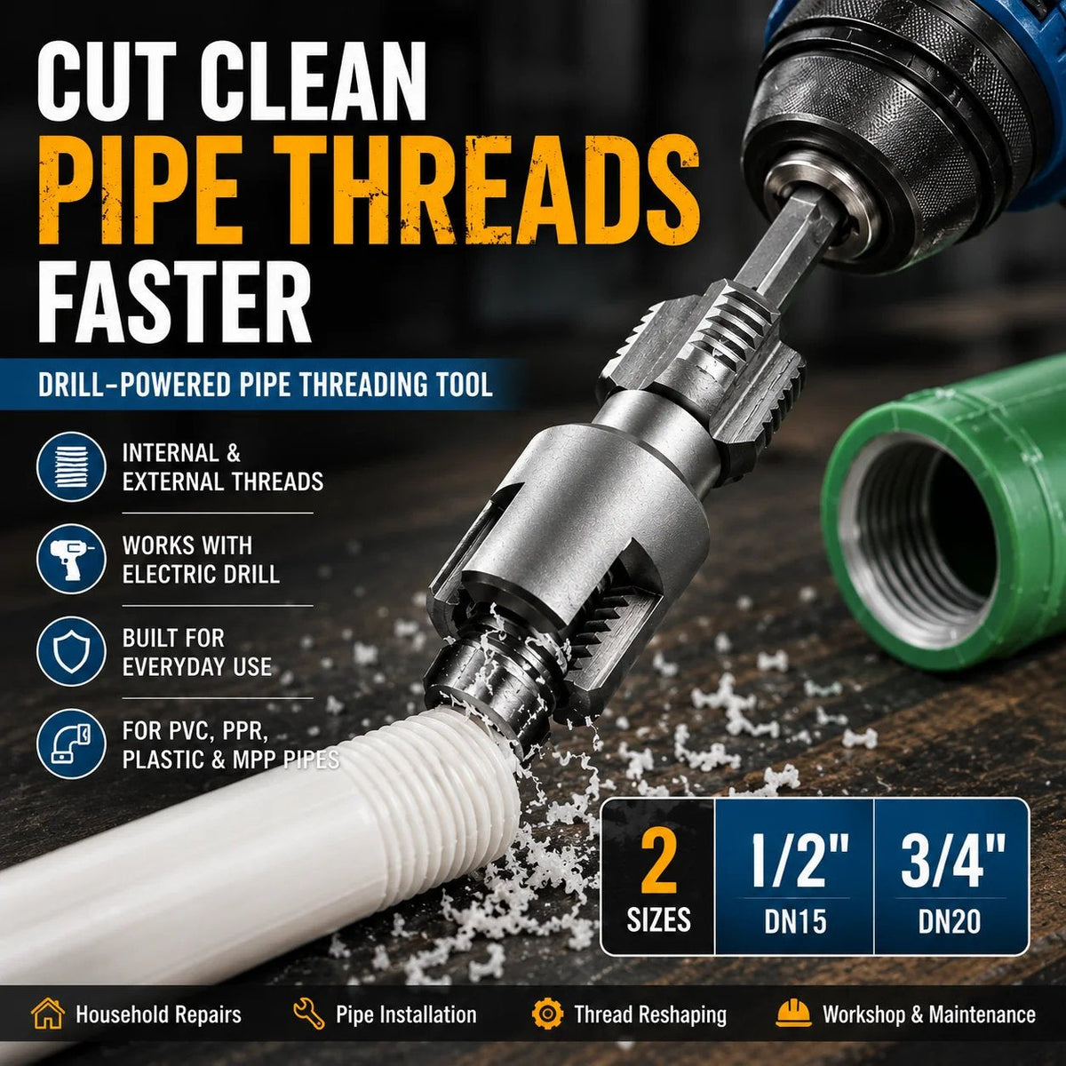 💯Drill-Powered Pipe Thread Cutting Bit — Internal & External Threading for 1/2' & 3/4' Plastic Pipes