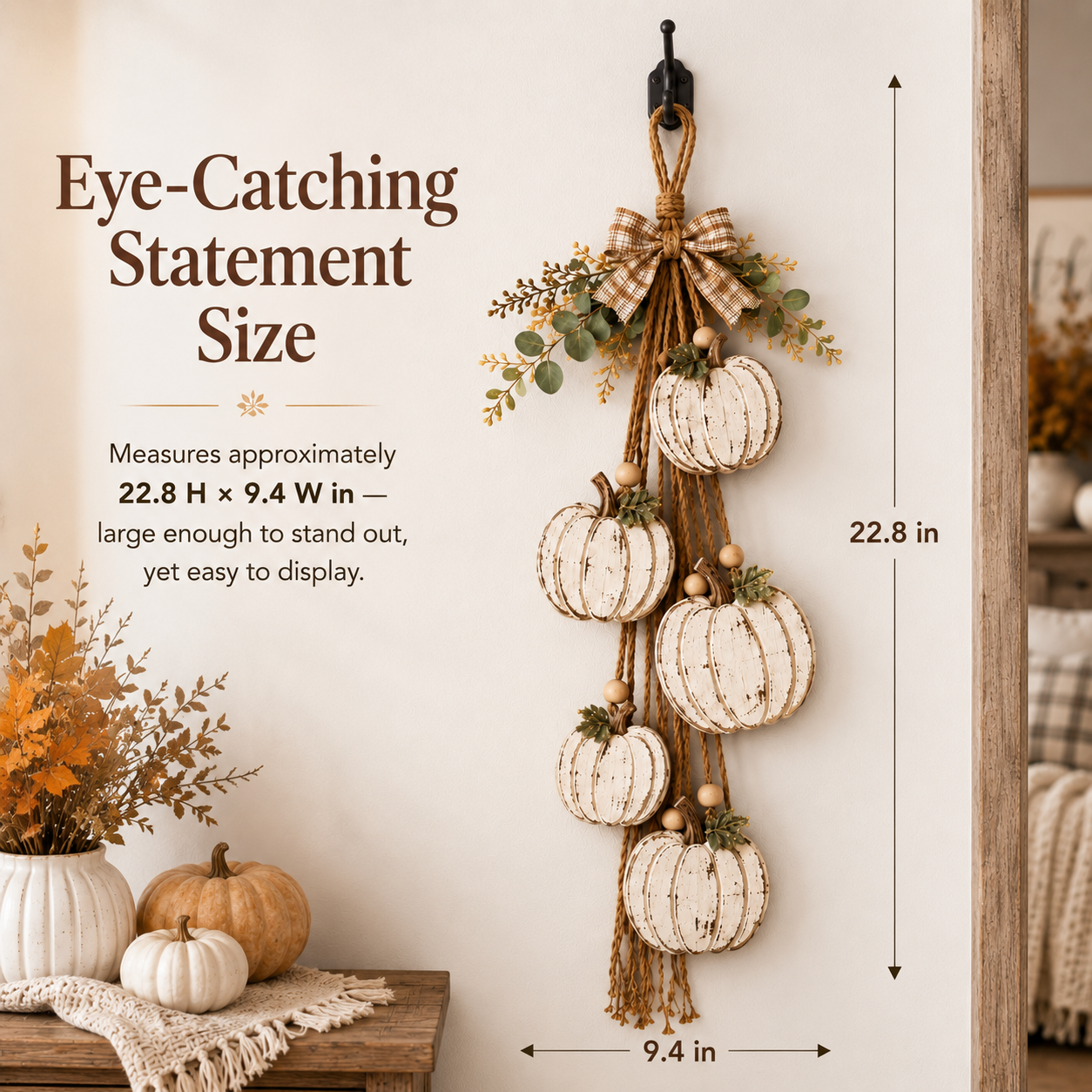 Rustic White Pumpkin Hanging Swag – Fall Door & Wall Decoration for Farmhouse Autumn Decor