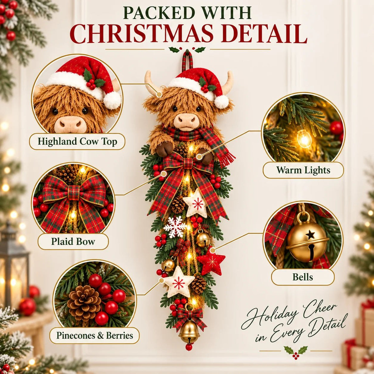 🎄🐮 Lighted Highland Cow Christmas Door Swag – A Cozy Holiday Welcome