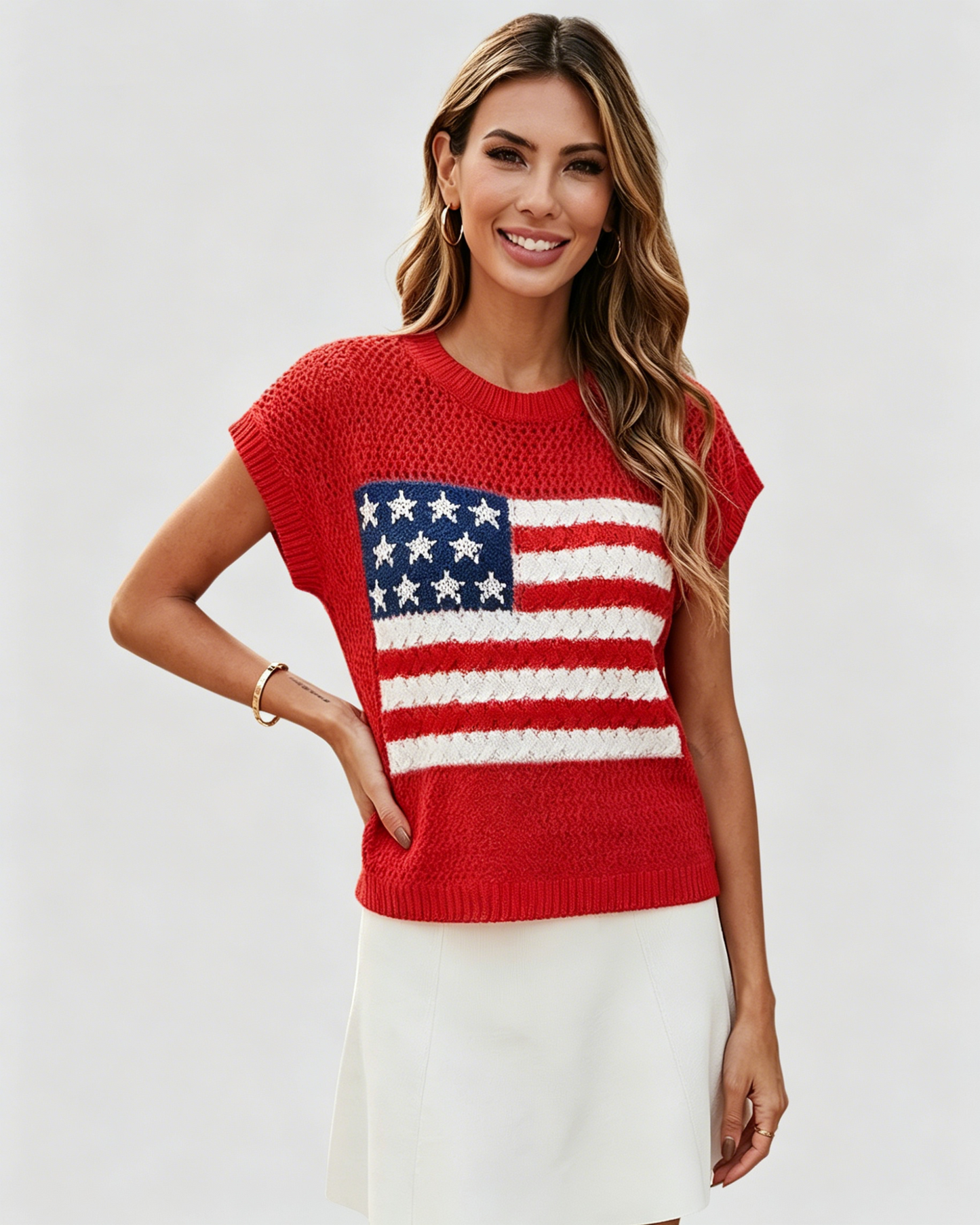 Women's Loose Fit American Flag Short Sleeve Knit Top