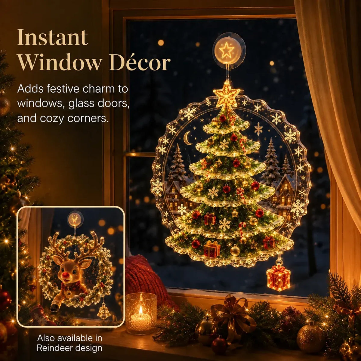 ✨🎄Lighted Christmas Window Decoration with Suction Cup | Flat Version Warm LED Window Light with Double-Layer Design & Multiple Festive Styles✨
