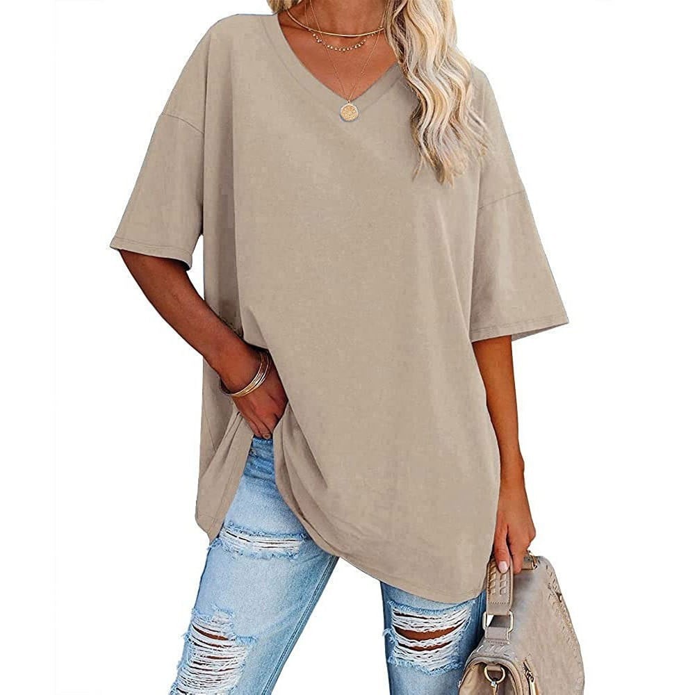 👚 Camisetas de manga corta de algodón de talla grande con cuello en V para mujer, corte holgado informal, tops tipo túnica 💖