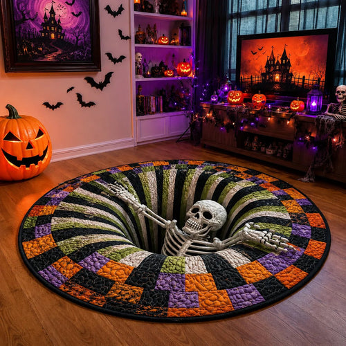 3D visual effects Skeleton Vortex Quilted Round Halloween Rug