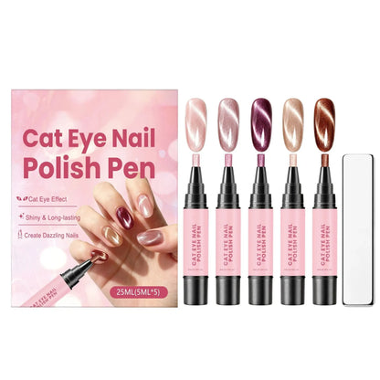 💅✨Cat‑Eye Gel Nail Polish Pen Set Magnetic Cat Eye Gel Pen 5‑Color Kit UV Curing Home Manicure Tools