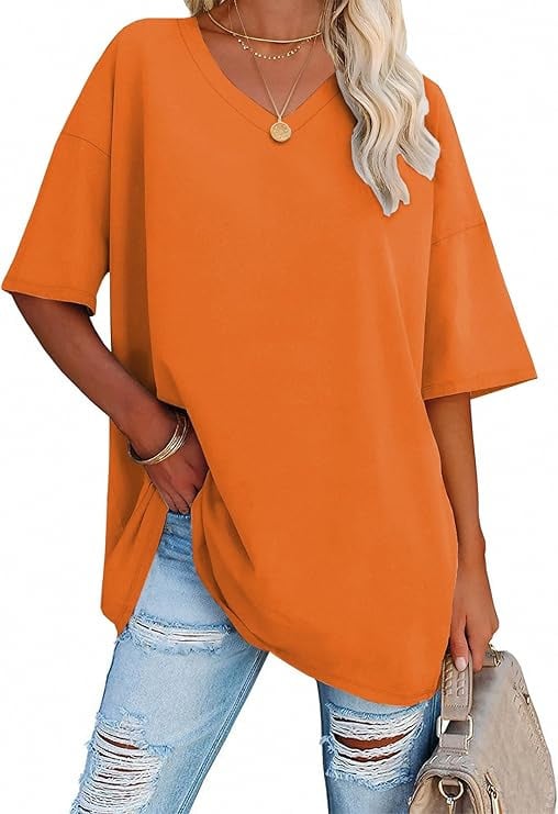 👚 Camisetas de manga corta de algodón de talla grande con cuello en V para mujer, corte holgado informal, tops tipo túnica 💖