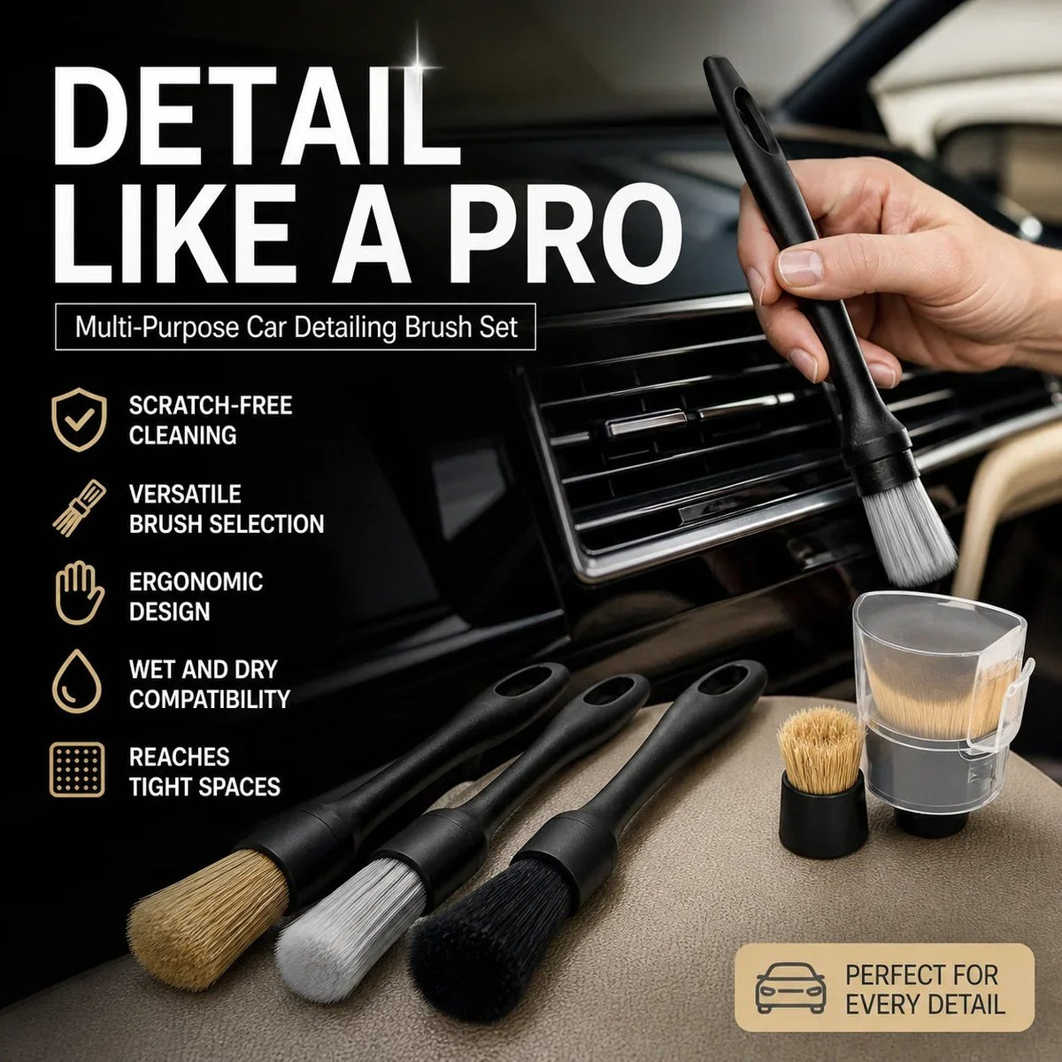 🚗🧹 Car Detailing Brush Set – Soft Interior Cleaning Brushes for Air Vents, Dashboard, Wheels & Tight Spaces