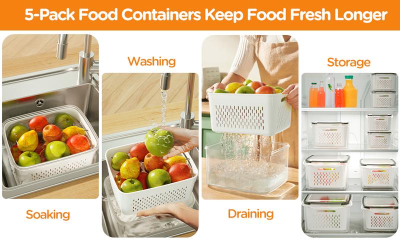 🔥Caja de almacenamiento de alimentos de plástico transparente para el hogar-Incluye cesta de drenaje💧