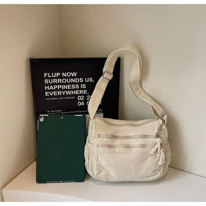 👜✨ Distressed Canvas Messenger Bag – Multi-Zipper Layered Design, Wide Adjustable Strap