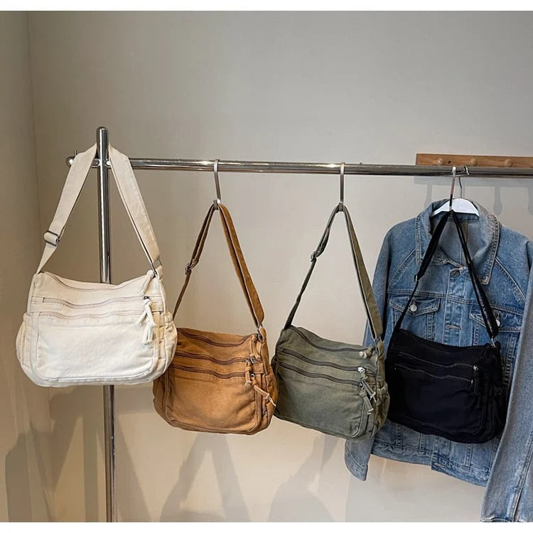 👜✨ Distressed Canvas Messenger Bag – Multi-Zipper Layered Design, Wide Adjustable Strap
