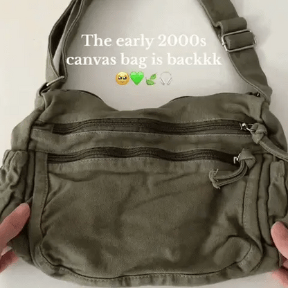👜✨ Distressed Canvas Messenger Bag – Multi-Zipper Layered Design, Wide Adjustable Strap