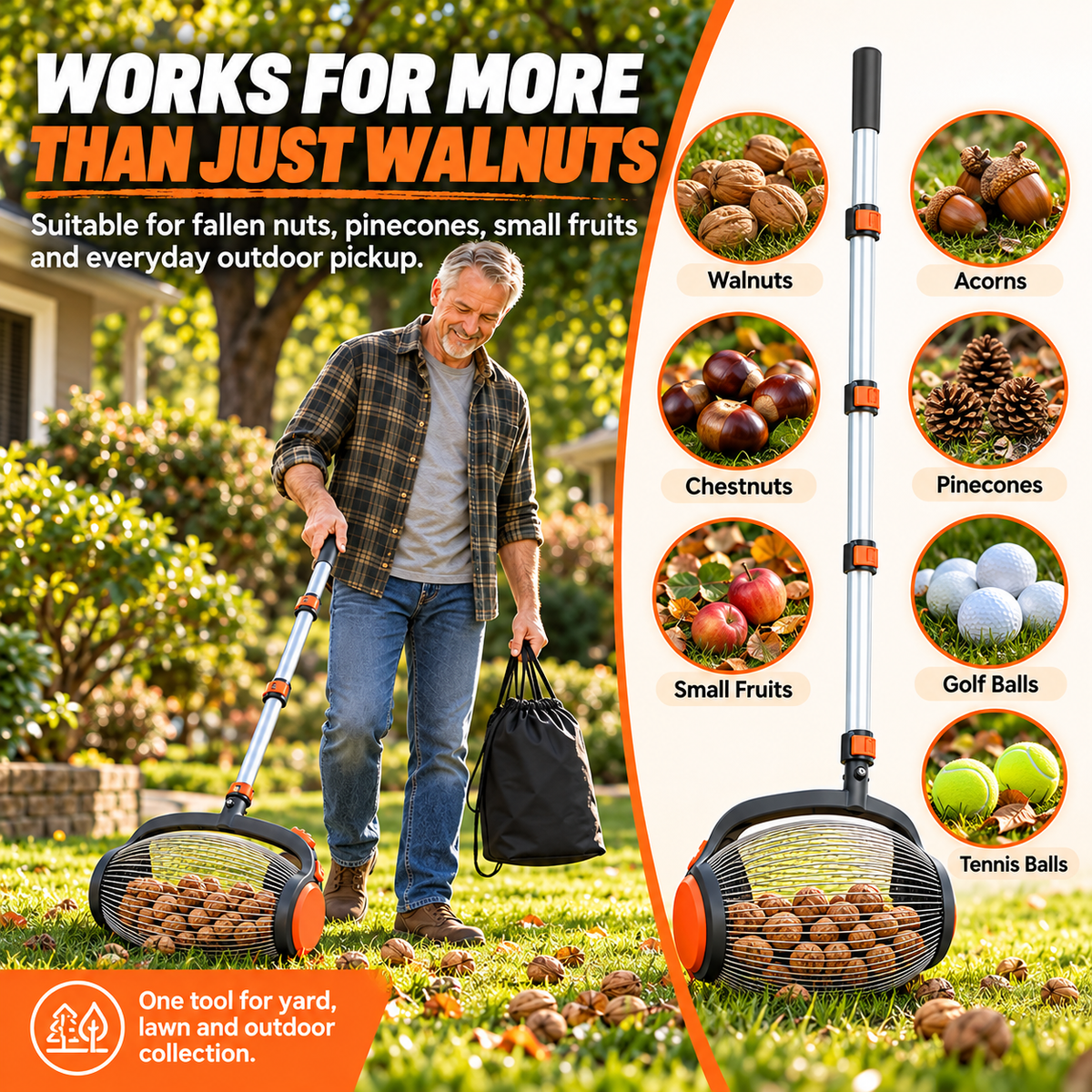 🌰✨Telescopic Nut Picker with Foot Release – Rolling Collector for Walnuts, Acorns & Pinecones, Yard Cleaning Tool