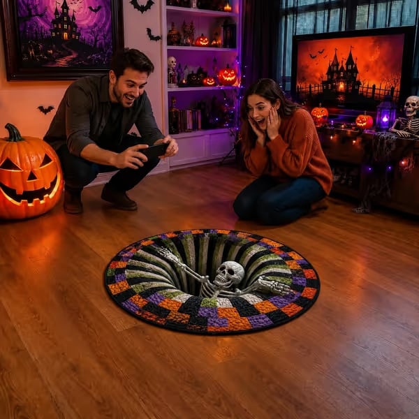 3D visual effects Skeleton Vortex Quilted Round Halloween Rug