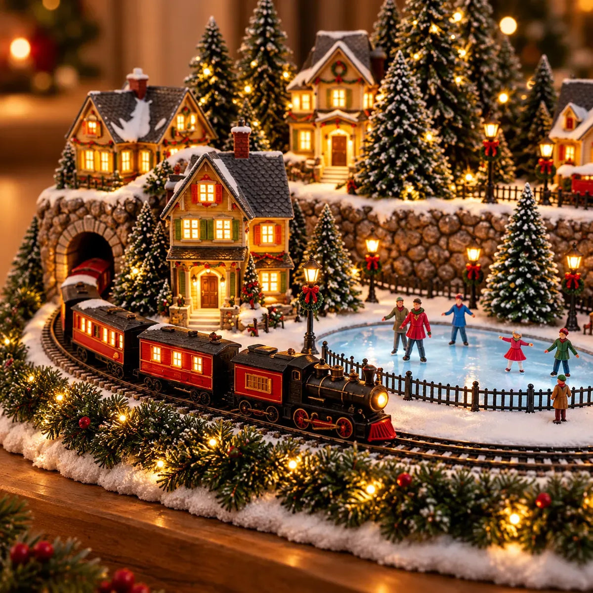 50% OFF | 🚂 Animated Holiday Train & Ice Rink Scene – Lighted Christmas Village Display ✨