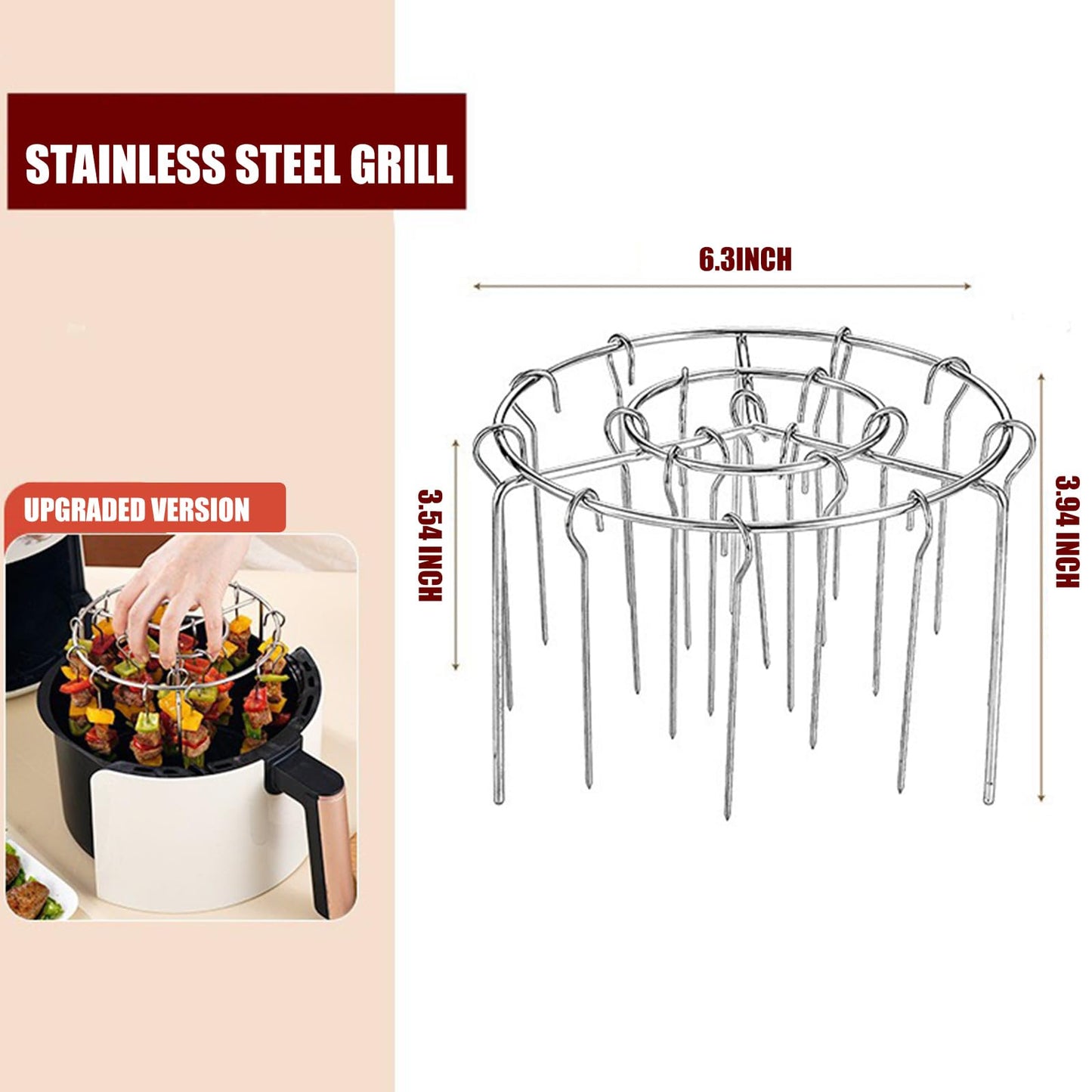 Rejilla para brochetas de freidora de aire con 24 brochetas verticales de acero inoxidable