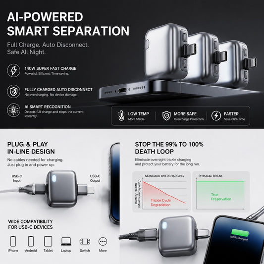 Protector de batería de desconexión física de 140 W, cargador de expulsión automática y manual, accesorio de carga inteligente con detención automática para smartphones y dispositivos de mano