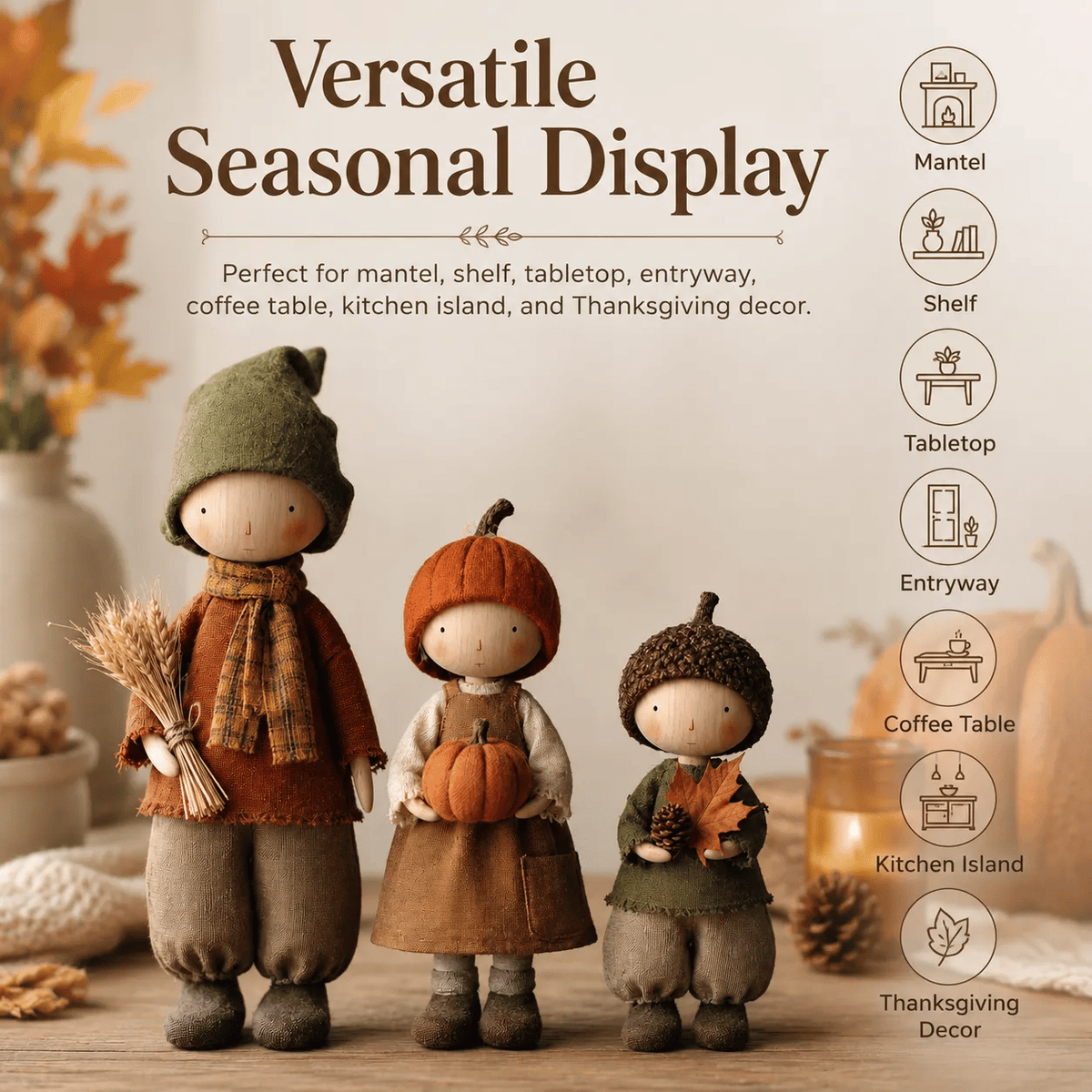 🍁Set of 3 Rustic Fall Harvest Doll Figurines
