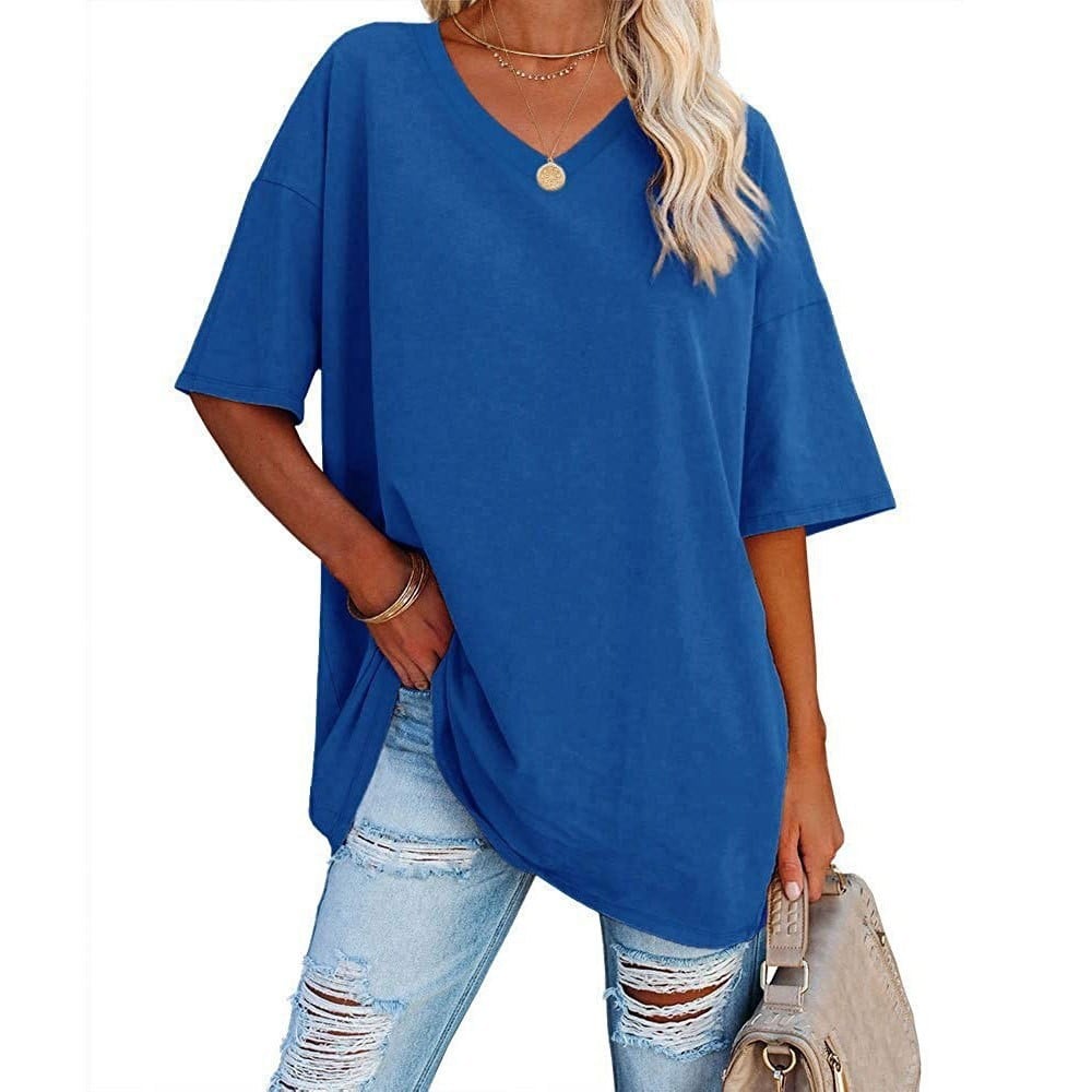 👚 Camisetas de manga corta de algodón de talla grande con cuello en V para mujer, corte holgado informal, tops tipo túnica 💖